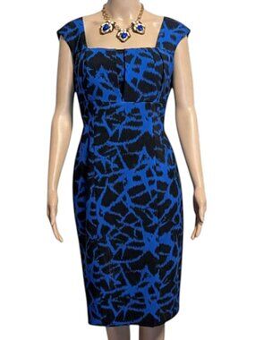 Calvin Klein Royal Blue Black Abstract Knee Length Sheath Dress M